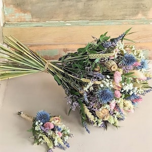 Dried flower wedding flowers. brides,bridesmaid, corsage and buttonholes. Pink. white.Blue. natural.