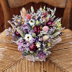 Dried flower arrangement. decoration.home decor. Gift. Yellow.pink.Lavender. Statice. Purple.Hessian. Dried grasses.straw flowers image 3