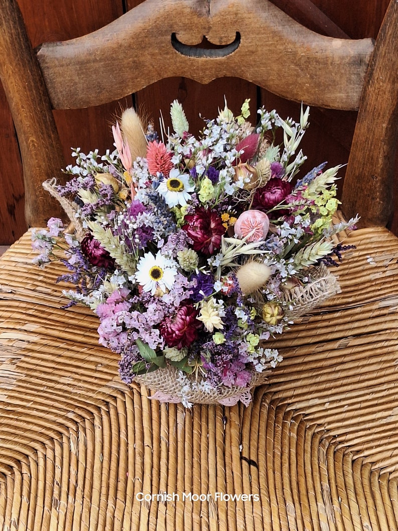 Dried flower arrangement. decoration.home decor. Gift. Yellow.pink.Lavender. Statice. Purple.Hessian. Dried grasses.straw flowers image 3