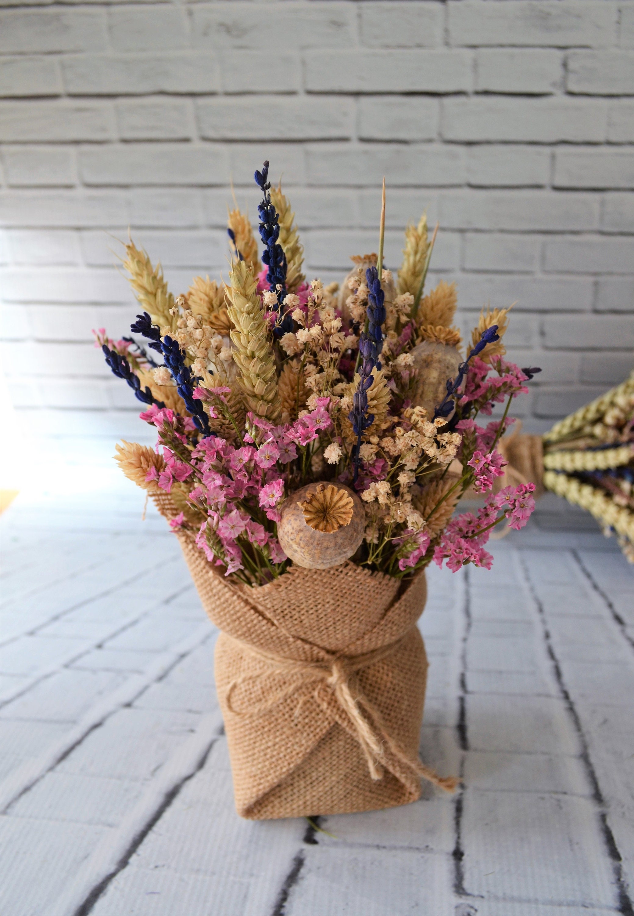 Dried flowers decoration.hessian vase. flower arrangement. | Etsy