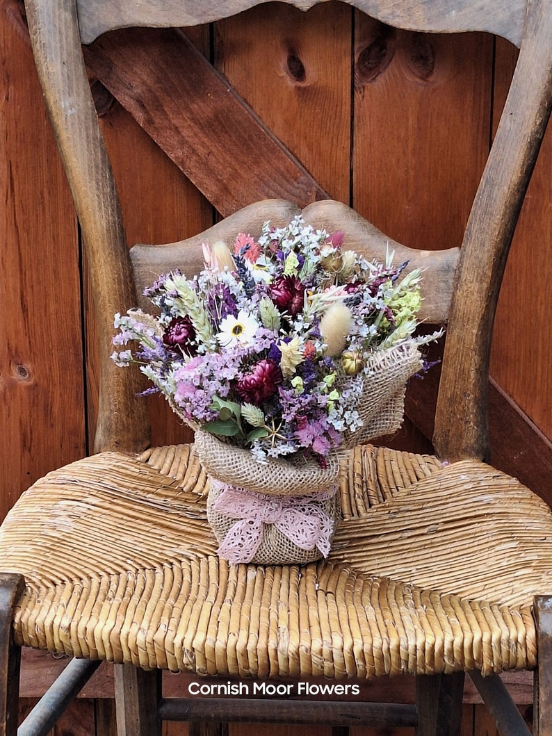 Dried flower arrangement. decoration.home decor. Gift. Yellow.pink.Lavender. Statice. Purple.Hessian. Dried grasses.straw flowers image 1