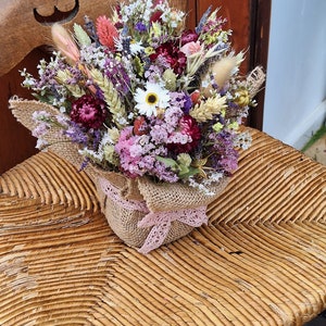 Dried flower arrangement. decoration.home decor. Gift. Yellow.pink.Lavender. Statice. Purple.Hessian. Dried grasses.straw flowers image 6