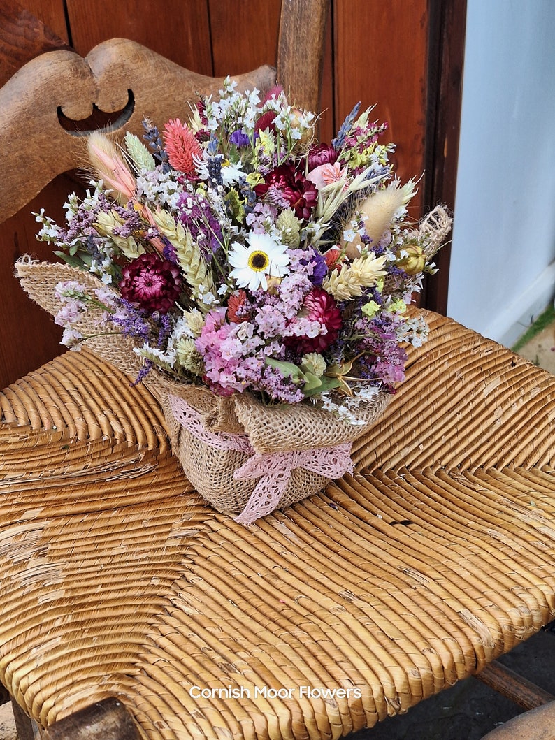 Dried flower arrangement. decoration.home decor. Gift. Yellow.pink.Lavender. Statice. Purple.Hessian. Dried grasses.straw flowers image 6