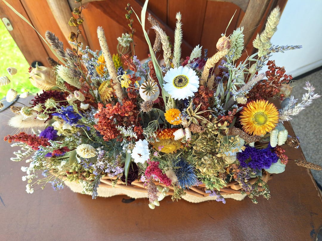 Dried Floral Basket Arrangement.wicker Basket, Autumn. Country