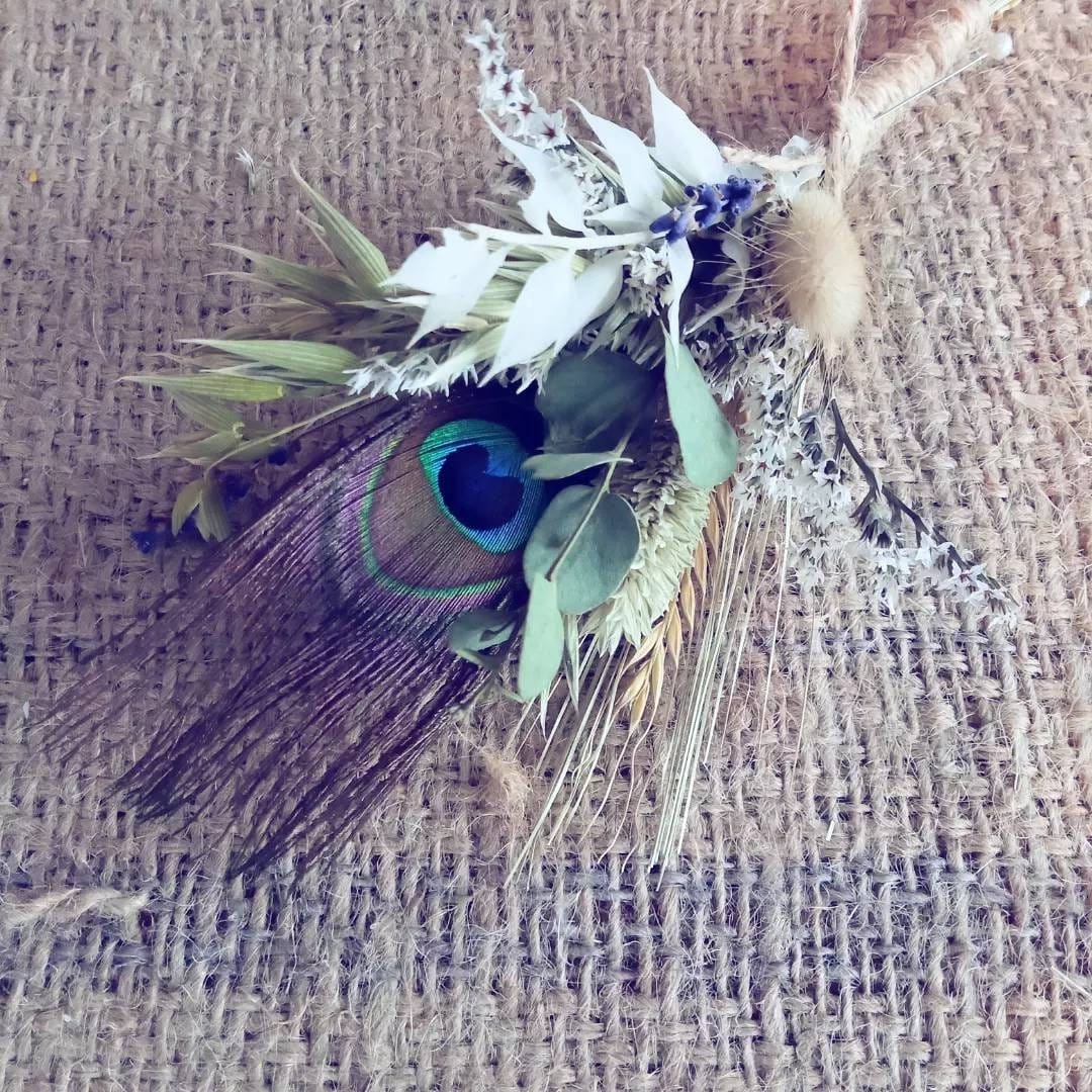 Wedding Peacock Feather Buttonhole. Dried Flowers. Ruscus and Grasses ...