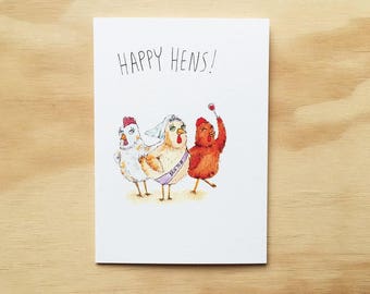 Galline felici | Cartolina d'auguri fatti a mano | Scheda del partito di galline | Carta di pollo | Notte delle galline | Scheda animale divertente | carta di pollo | carta di gallina | animali gioco di parole