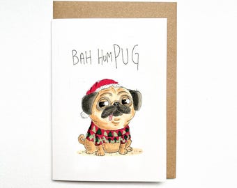 Bah HumPug / Biglietto di auguri di Natale divertente / Biglietto di auguri con gioco di parole / Regalo per Scrooge / Interno vuoto / Disegnato a mano