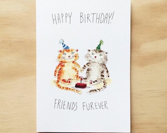 Alles Gute zum Geburtstag, Freunde Furever | Handgemachte Grußkarte | lustige Geburtstagskarte | Katzenkarte | Freunde für immer | Tier-Karte | lustige katzenkarte