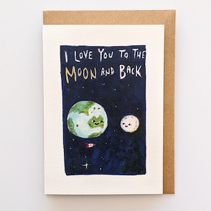 Eu te amo até a lua e de volta | Cartão feito à mão | Cartão de amor | Cartão de dia dos namorados | cartão espacial | Eu te amo cartão comemorativo | cartão da lua