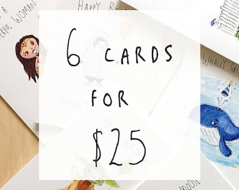 Pacchetto all'ingrosso - 6 carte per 25 dollari / Biglietto d'auguri / Biglietto di compleanno / Biglietti all'ingrosso / Mazzi di carte / Biglietti fatti a mano / Pacchetto di carte / Carte gioco di parole