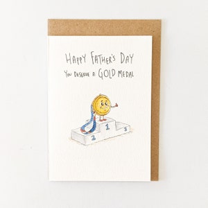 Feliz Día del Padre, Te Mereces una Medalla de Oro Juegos Olímpicos ilustración hecha a mano tarjeta de felicitación día del padre