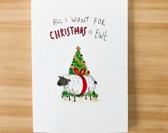 Todo lo que quiero para Navidad es una oveja / Tarjeta navideña divertida / Tarjeta de felicitación con juego de palabras / Regalo de Navidad / Interior en blanco / Dibujado a mano