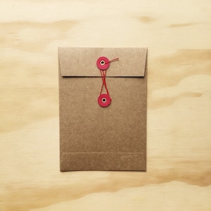 May include: A brown paper envelope with red string and buttons. The envelope is closed and ready to be mailed.