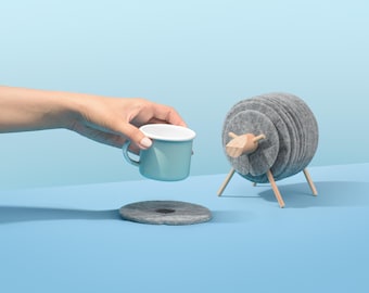 Felt Coaster Set with Sheep Holder – Handmade Table Decor