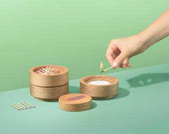 Oak Tealight Candle Holder Set, Minimalist Match Holder