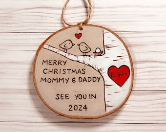 Merry Christmas Mommy and Daddy see you in 2024, Christmas Tree Wood Ornament, Gift for Expecting Parents, Baby Shower Gift, Baby Ornament