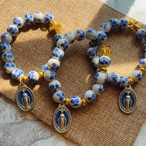 Blue and White Floral Rosary Bracelet - Handmade Catholic Gift for Mom, First Communion - Catholic Rosary Prayer Bracelet, Confirmation Gift
