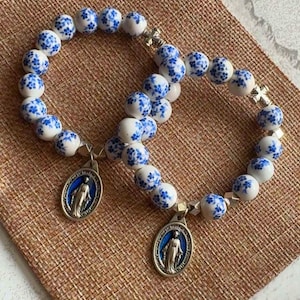 Catholic Rosary Prayer Bracelet Blue White Chinoiserie Flower Porcelain Beads | Silver | Miraculous Medal | Virgin Mary | Blessed Mother