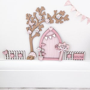 Light Pink Bunting Fairy Door With Blossom Tree & Fence Set - Etsy UK