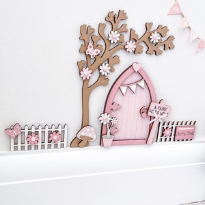 Light Pink Bunting Fairy Door With Blossom Tree & Fence Set - Etsy UK