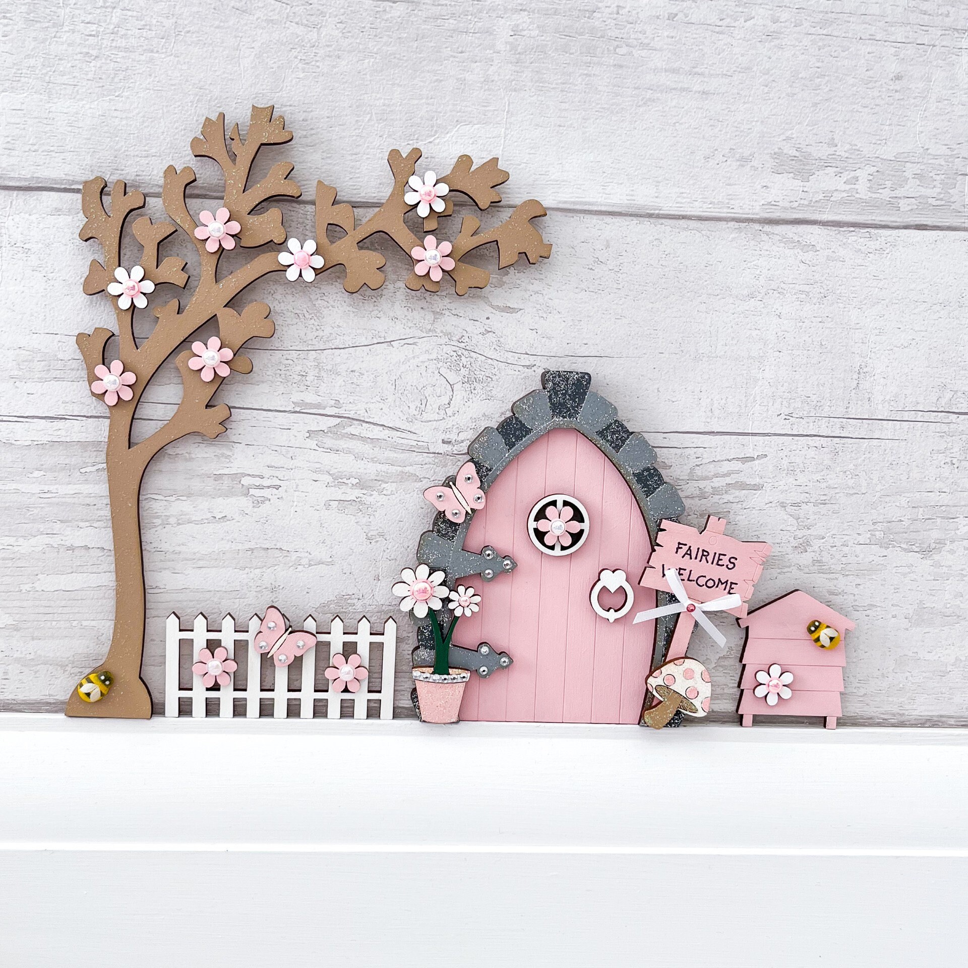 Blush Pink Fairy Door Set With Blossom Tree, Fence & Beehive - Etsy Canada