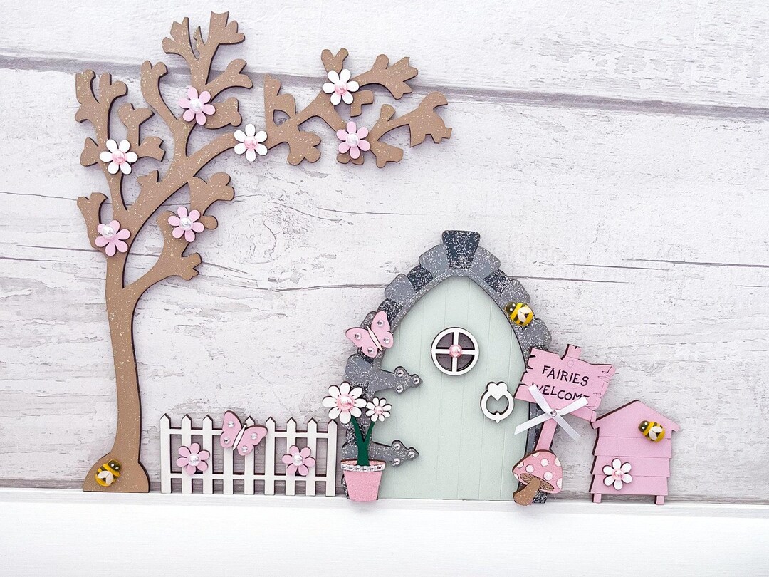 Sage Green & Pink Fairy Door Set With Blossom Tree, Fence and Beehive ...