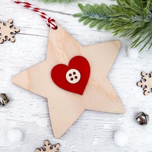 Nordic Wooden Star Christmas Ornament: Red Heart Decor