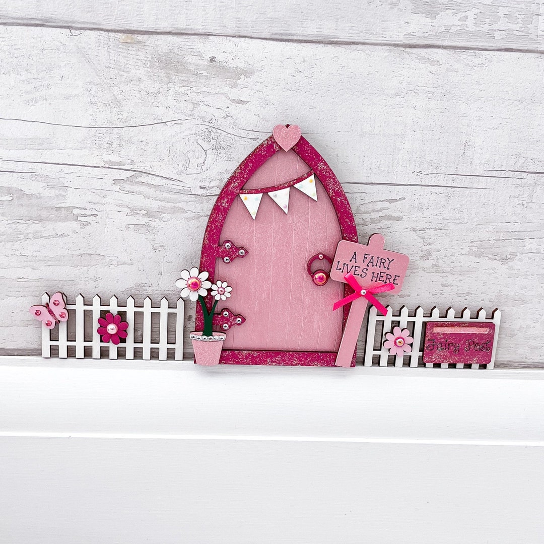 Pink Bunting Fairy Door With Fencing Set - Etsy UK