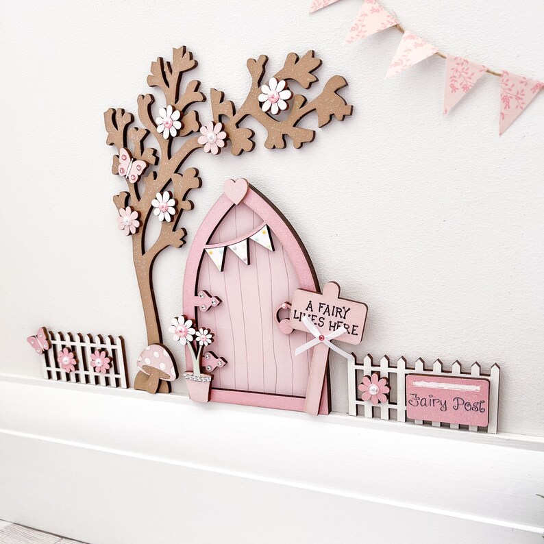 Light Pink Bunting Fairy Door With Blossom Tree & Fence Set - Etsy UK