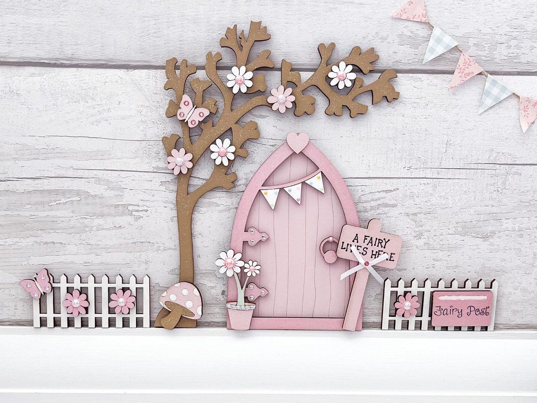 Light Pink Bunting Fairy Door With Blossom Tree & Fence Set - Etsy UK