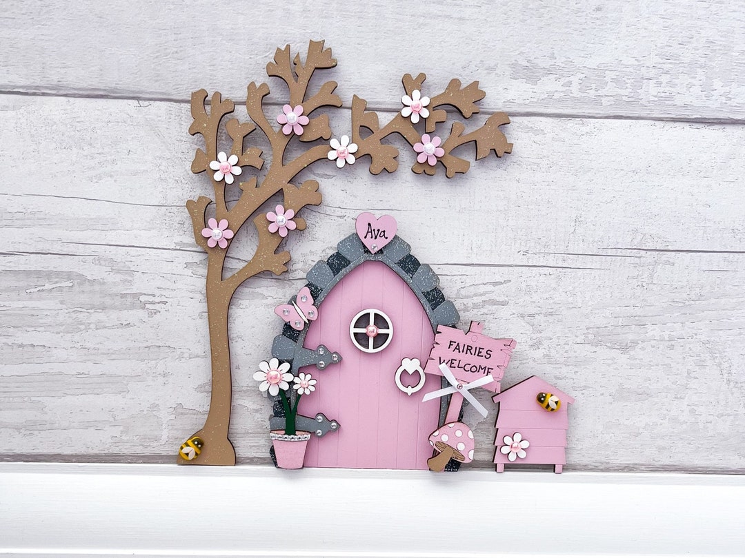 Candy Pink Fairy Door With Tree Beehive, Girls Bedroom Wall Art ...
