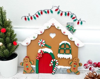 Decoração de Natal de madeira com casinha de gengibre