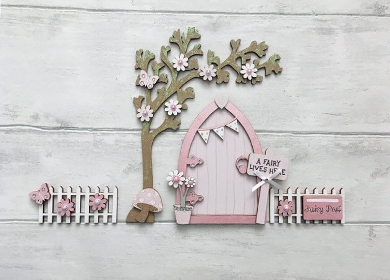 Light Pink Bunting Fairy Door With Blossom Tree & Fence Set - Etsy UK