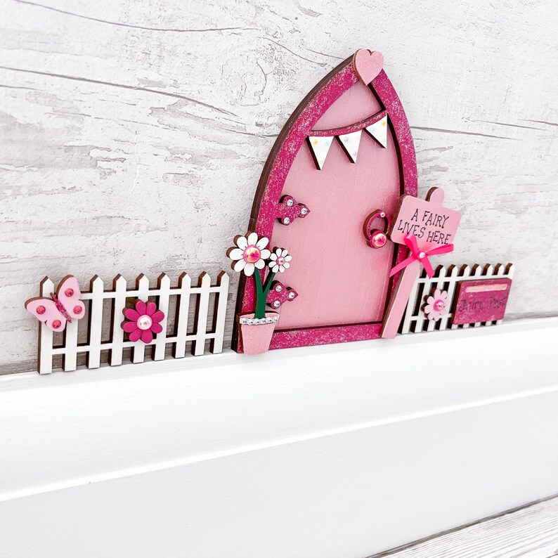 Pink Bunting Fairy Door With Fencing Set - Etsy UK