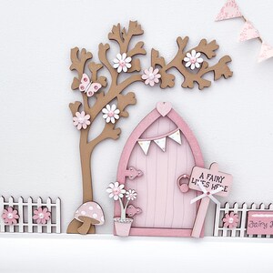 Light Pink Bunting Fairy Door With Blossom Tree & Fence Set - Etsy UK