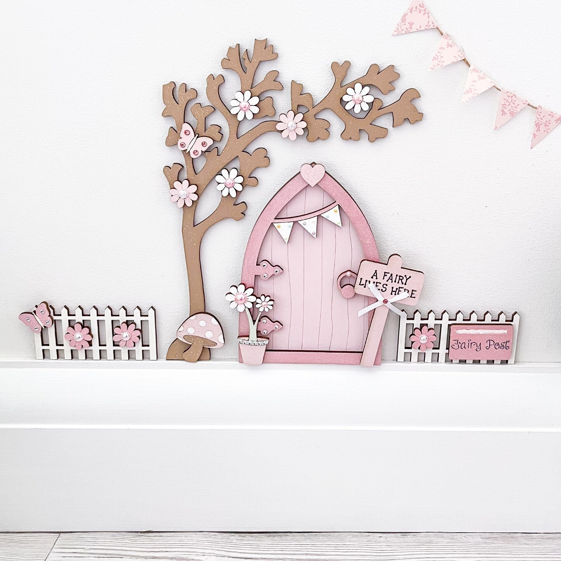 Light Pink Bunting Fairy Door With Blossom Tree & Fence Set - Etsy UK