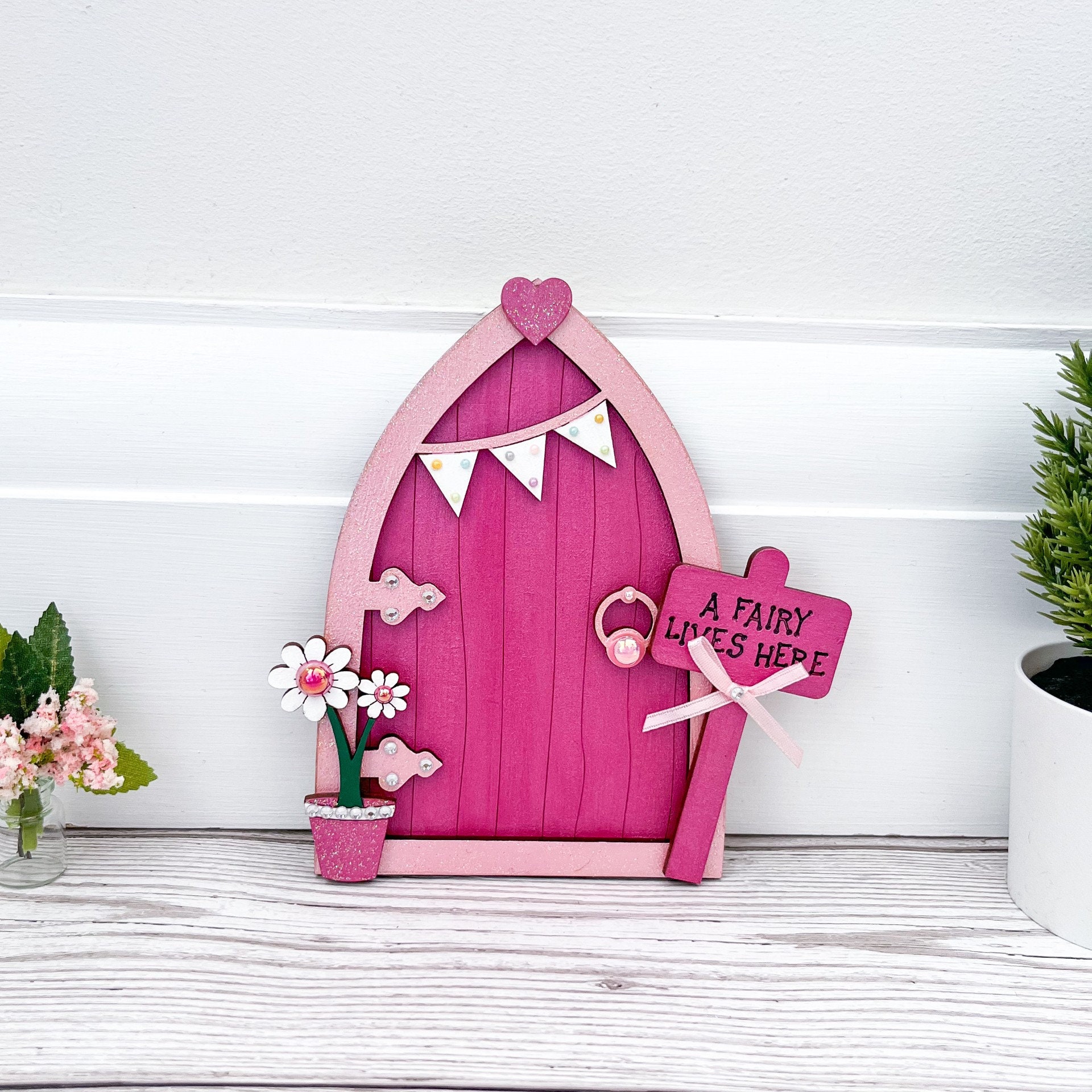 Shimmer Pink Fairy Door With Bunting Miniature Magic