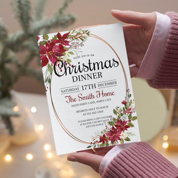 Editable Christmas Party Invitation | Christmas Dinner Invite with Watercolor Floral Design | Red Poinsettia Invitation, Secret Santa Invite