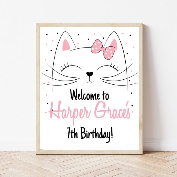 Kitten Birthday Welcome Sign for Girls Cat Birthday Party | Editable Cat Welcome Sign Template | Printable Kitten Party Decoration | Digital