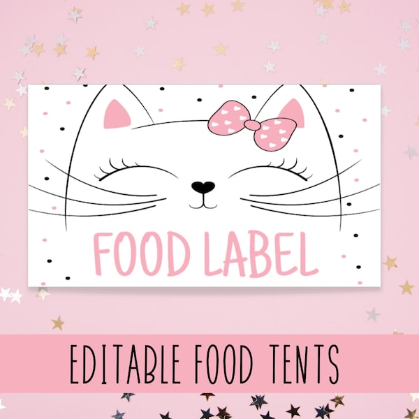 Editable Kitten Food Tents Lable for Girls Cat Birthday Party | Printable Cat Food Tent Template | Kitten Birthday Party Decorations | Meow