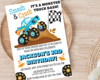 Editable MonsterTruck Birthday Invitation Template for Boys Birthday Party | Smash and Crash Monster Truck Bash Printable Invite | Boy