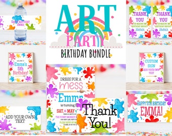 Art Birthday Invitation and Party Decoration Bundle for Kids Paint Party Birthday, Editable Art Party Invite Bundle with Party Decor