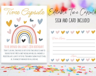 Editable Rainbow Time Capsule Sign and Card | Rainbow First Birthday Printables | Rainbow 1st Birthday Time Capsule | Girls Rainbow Birthday