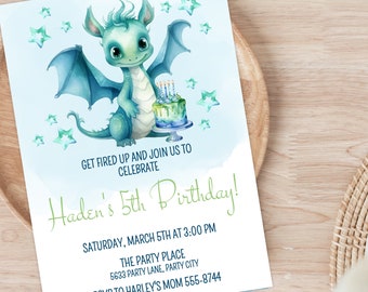 Editable Dragon Birthday Invitation for Boy's Dragon Birthday Party | Printable Dragon Invitation Template | Blue and Green Dragon Invite