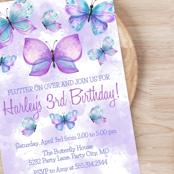 Editable Purple Butterfly Birthday Invitation for Girls | Butterfly Invitation Template for Girls Birthday Party | Digital Butterfly Invite