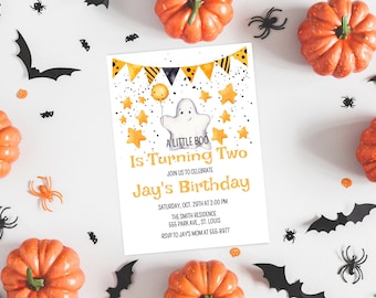 Editable A Little Boo is Turning Two Ghost Birthday Invitation Template | Halloween Themed Birthday Party Invite | Our Little Boo Invitation