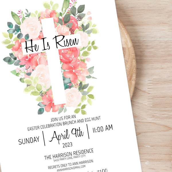 Editable Christian Easter Invitation | Floral Cross Invitation Template for Easter Sunday | Religious Party Invite for an Easter Celebration