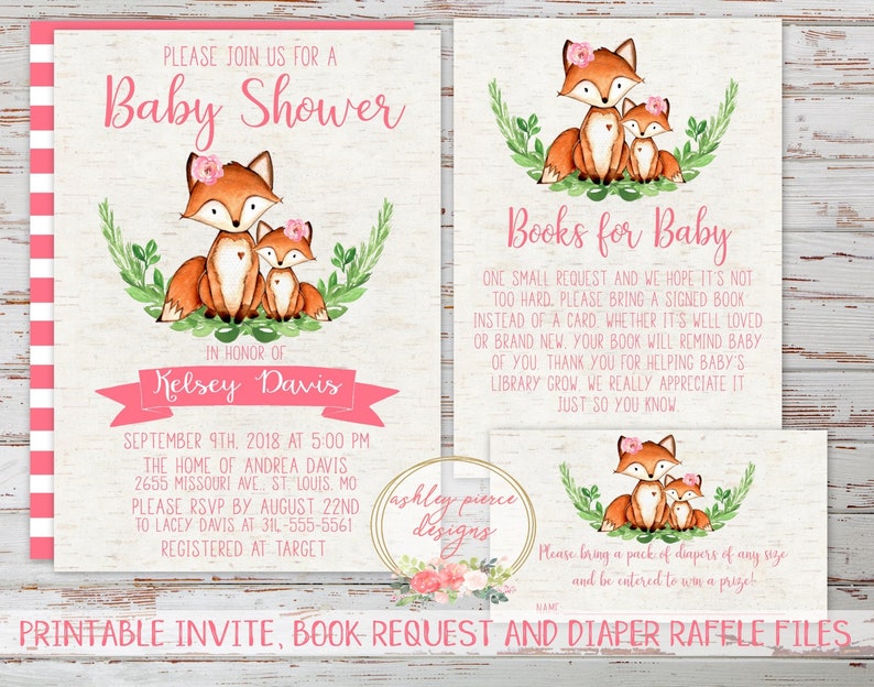 fox baby shower invitation for baby girl, printable watercolor woodland  baby shower invitations, stationary suite for baby shower