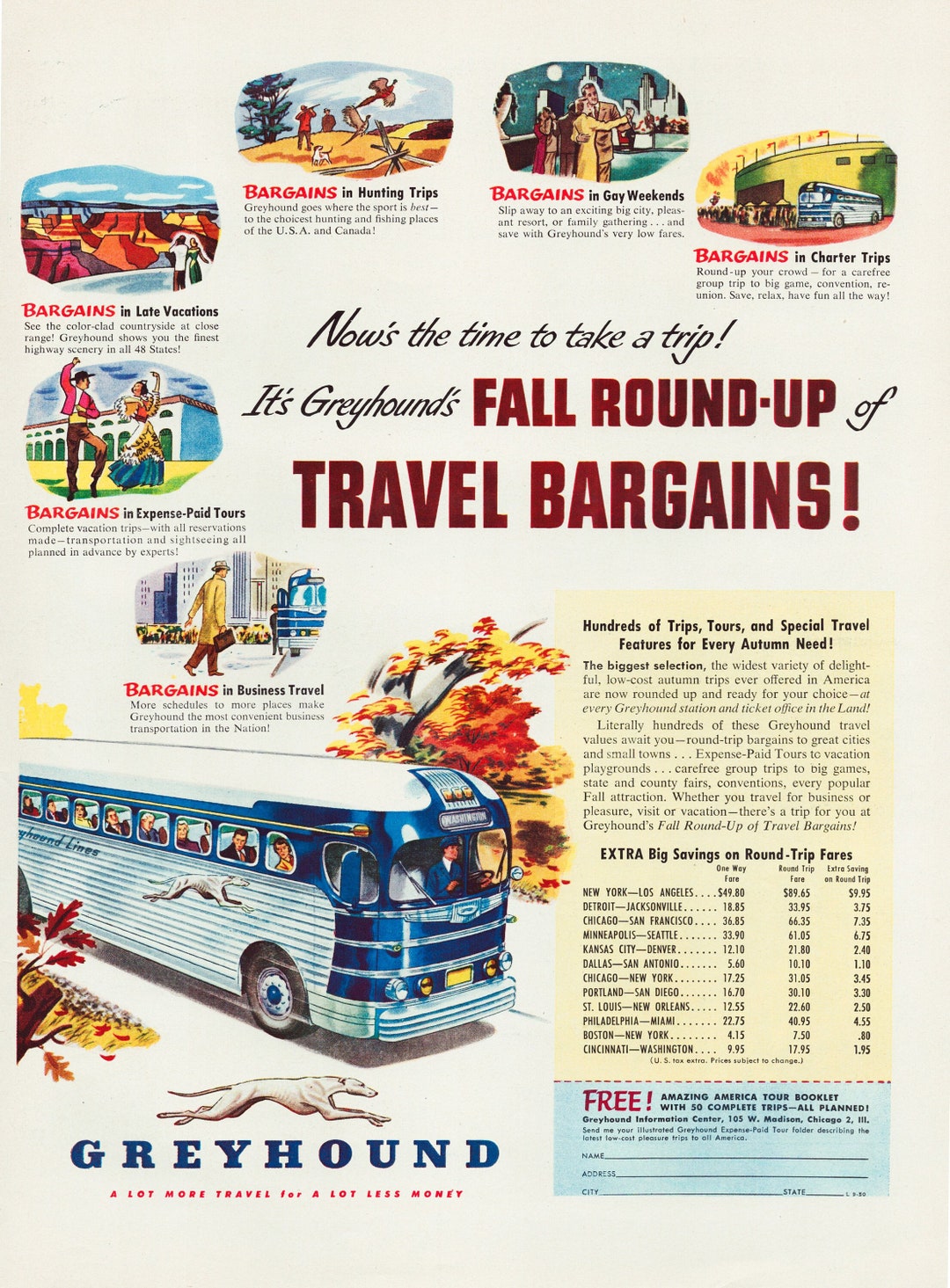 Print Ad Greyhound Bus 1950 Travel Rates Fall Round up Full Etsy
