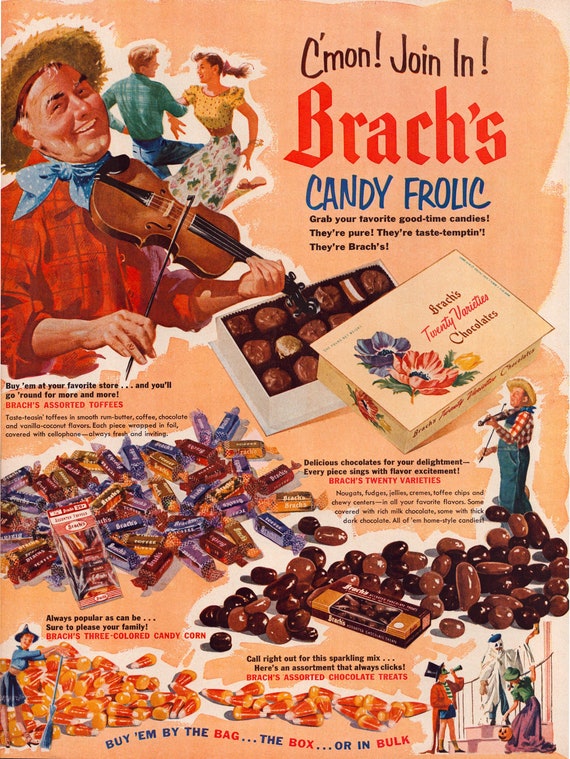 Print Ad Brach's Toffee Candy Corn 1952 Fiddle Square Dance Hoe Down  10.5x13.5 